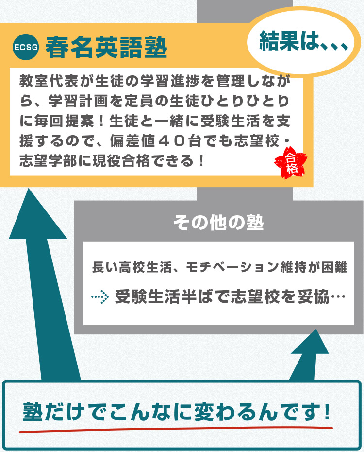 教室代表が生徒の学習進捗を管理しながら、学習計画を定員の生徒ひとりひとりに毎回提案！
生徒と一緒に受験生活を支援するので、偏差値４０台でも志望校・志望学部に現役合格できる！